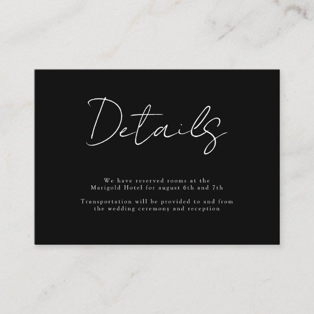 Black and White Modern Handwritten Wedding Details Enclosure Card (Front)