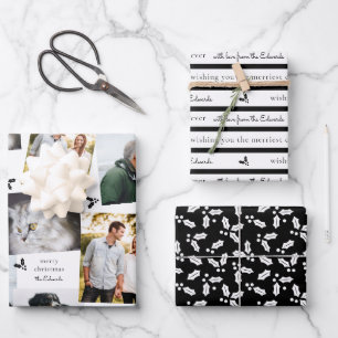 Black and White Modern Holly Sprig Wrapping Paper Sheet