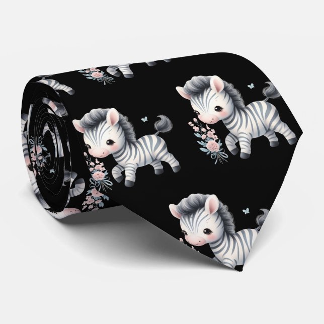 Black and White Modern Kawaii Cute Zebras Tie (Rolled)