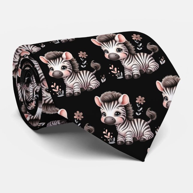 Black and White Modern Kawaii Cute Zebras Tie (Rolled)