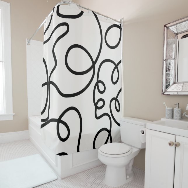 Black And White Modern Minimal Line Brush Strokes Shower Curtain (In Situ)