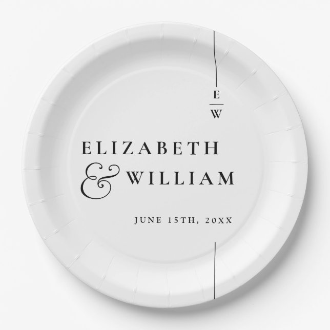 Black And White Modern Minimalist Monogram Wedding Paper Plate (Front)