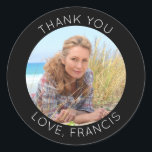 Black and White Modern Minimalist Thank You Photo Classic Round Sticker<br><div class="desc">Create your own personalised circle photo round thank you stickers. Customise the solid black background colour or the white thin line text colour to match your photo. If you change the font type or size, you can fine tune the curvature of the text in small increments. Have fun creating your...</div>