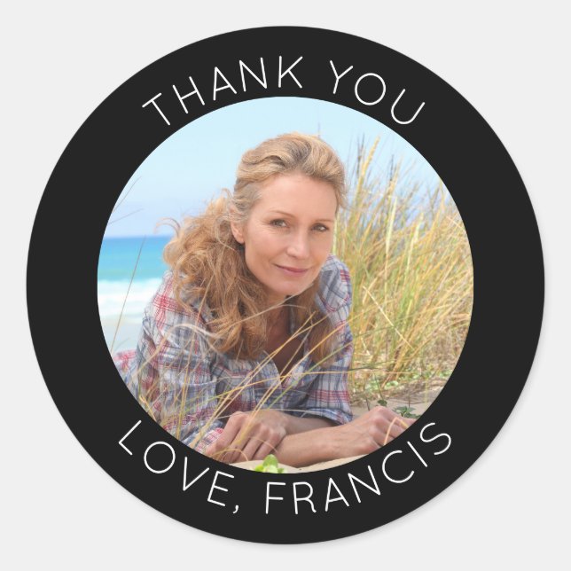 Black and White Modern Minimalist Thank You Photo Classic Round Sticker (Front)