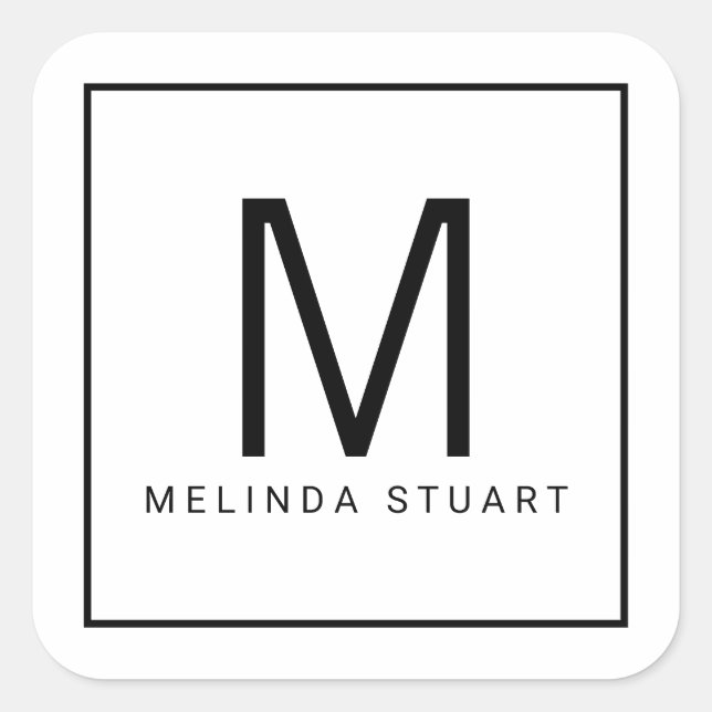Black and White Modern Monogram Square Sticker (Front)