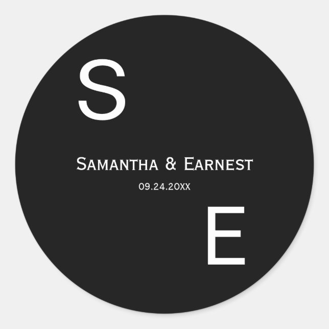 Black and White Modern Monogram Wedding Favour Classic Round Sticker (Front)