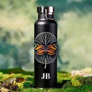 Black and White Modern Monogram with Butterfly Water Bottle