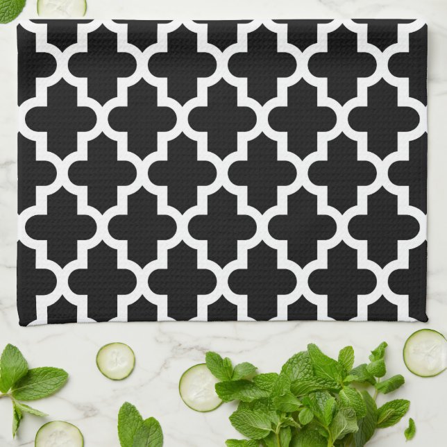 Black and White Modern Moroccan Pattern Tea Towel (Folded)