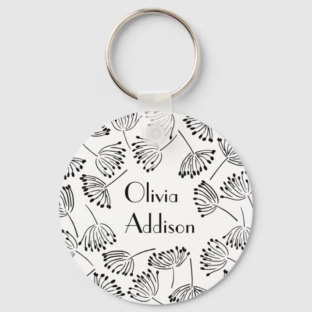 Black and White Modern Name Floral Dandelion Key Ring (Front)