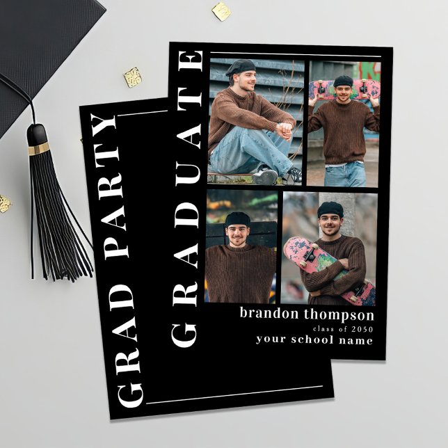 Black and White Modern Photo Collage Graduation  Announcement (Black and white photo collage template invitation. )