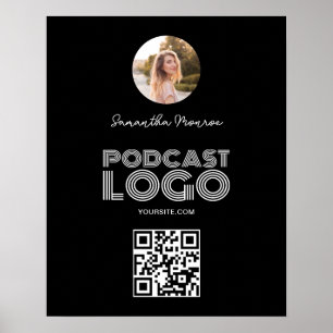 Black and White Modern Podcast Logo QR Code Poster
