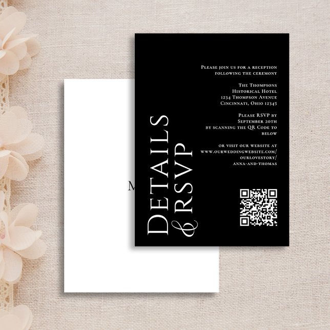 Black and White Modern QR Code RSVP Details  Enclosure Card (Simple modern black and white details and RSVP online enclosure card. )