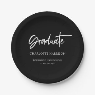 Black and White Modern Script Graduation Party Paper Plate