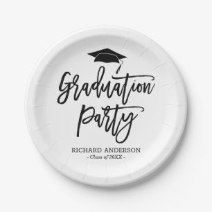 Black and White Modern Script Graduation Party Paper Plate