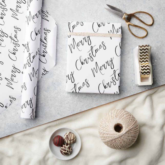Black and White Modern Script Merry Christmas Wrapping Paper (Crafts)