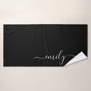 Black and White Modern Script Monogram Name Bath Towel