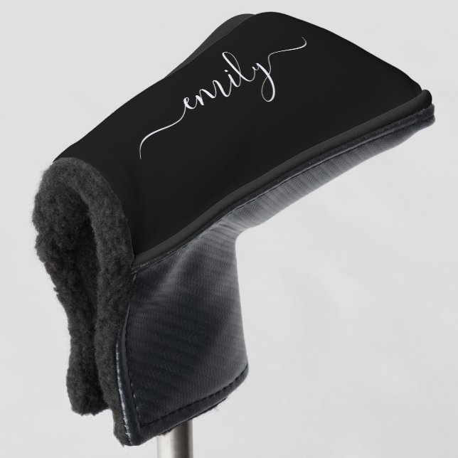 Black and White Modern Script Monogram Name Golf Head Cover (3/4 Front)