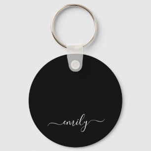 Black and White Modern Script Monogram Name Key Ring
