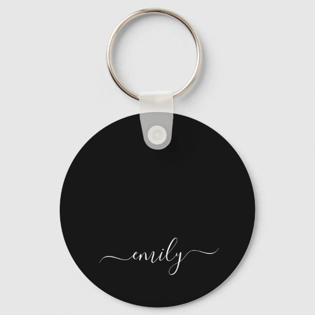 Black and White Modern Script Monogram Name Key Ring (Front)