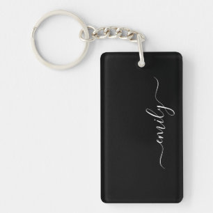 Black and White Modern Script Monogram Name Key Ring