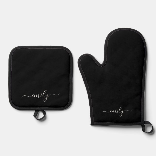 Black and White Modern Script Monogram Name Oven Mitt & Pot Holder Set (Front)
