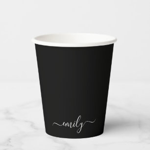 Black and White Modern Script Monogram Name Paper Cups
