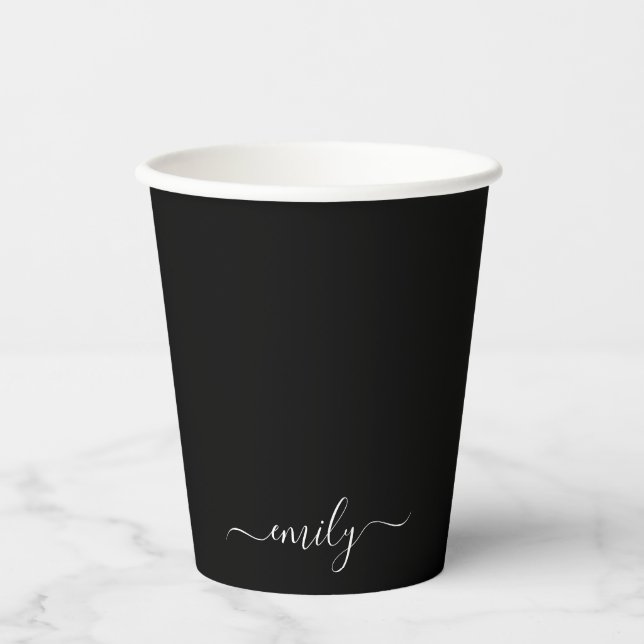 Black and White Modern Script Monogram Name Paper Cups (Front)