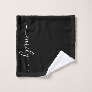 Black and White Modern Script Monogram Name Wash Cloth