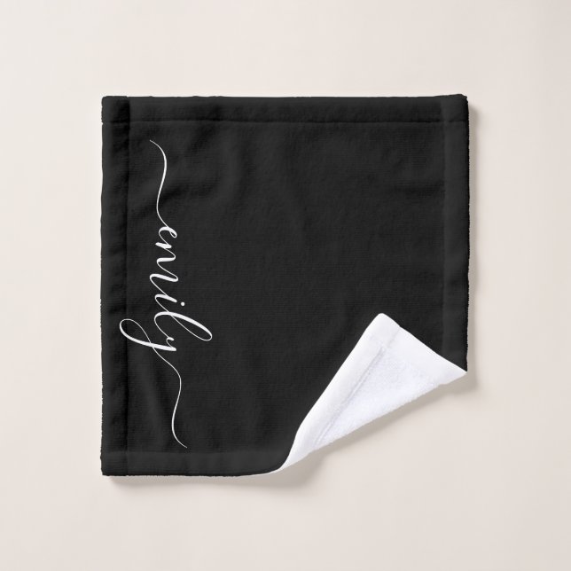 Black and White Modern Script Monogram Name Wash Cloth (Wash Cloth)