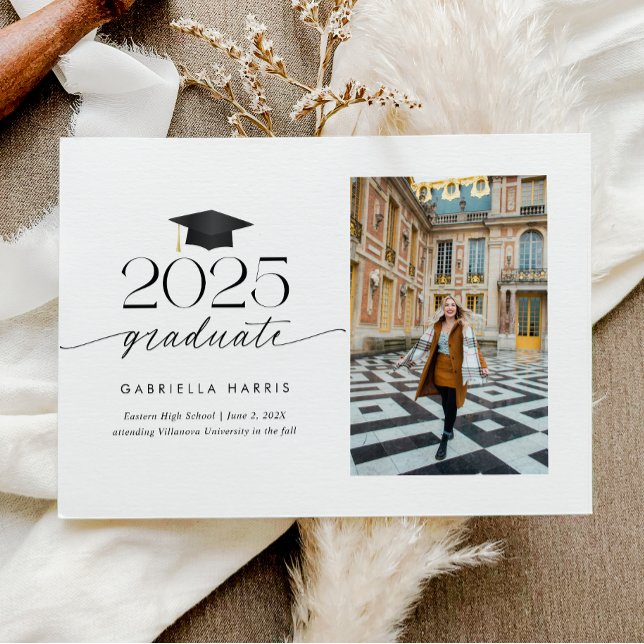Black and White Modern Script Photo | 2 sided Invitation (Black and White Modern Script Photo Graduation Invitation)
