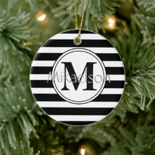 Black and White Modern Stripe Monogram Ceramic Ornament