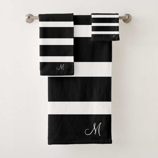 Black and White Modern Stripes Monogrammed Bath Towel Set (Insitu)
