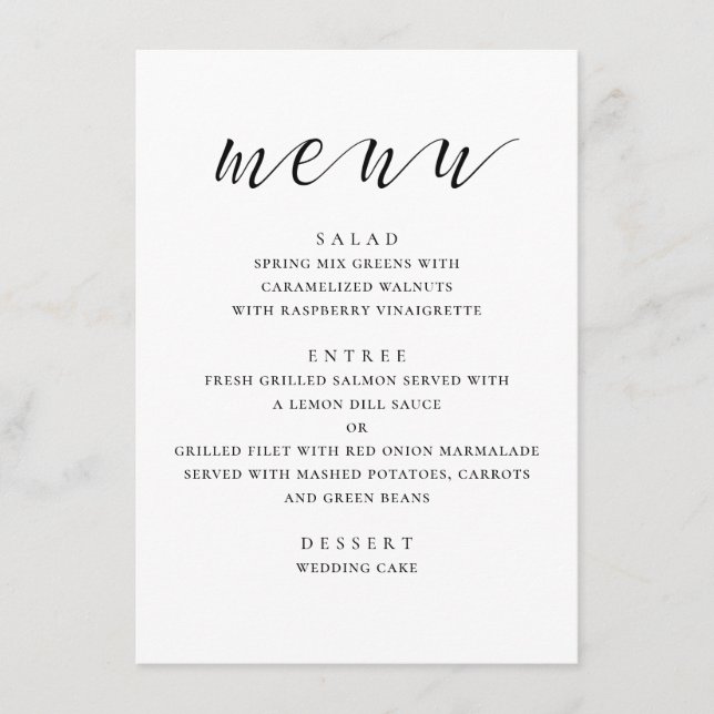 Black and white modern wedding. Minimalist script Menu (Front)