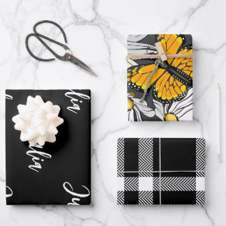 Black and White Monarch Butterflies Monogrammed Wrapping Paper Sheet