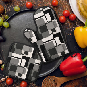 Black And White Mondrian Style Abstract Geometric Oven Mitt & Pot Holder Set