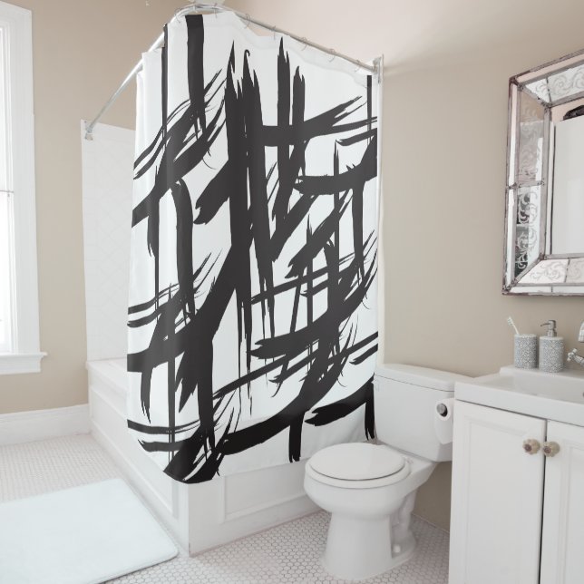 Black and White Monochromatic Abstract Modern Shower Curtain (In Situ)
