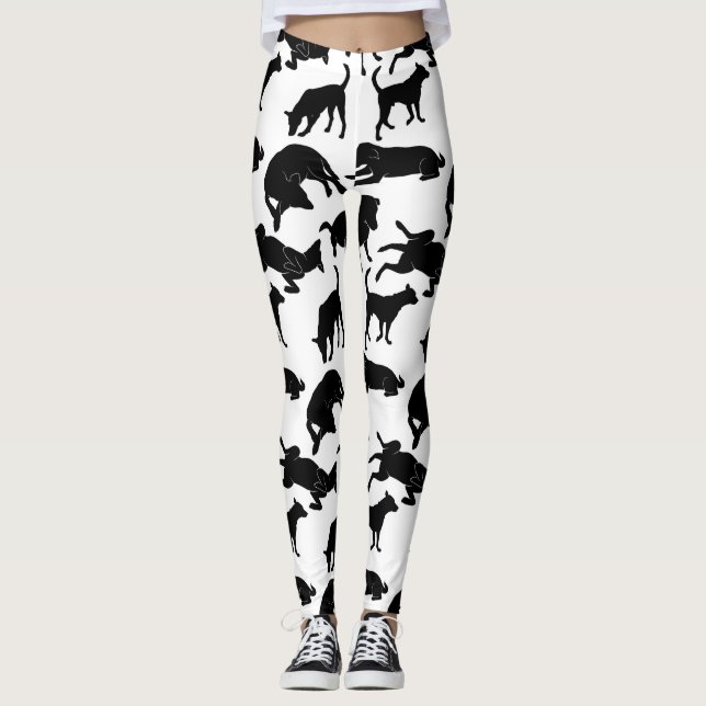 Black and white monochrome dog pet stamp pattern leggings (Front)