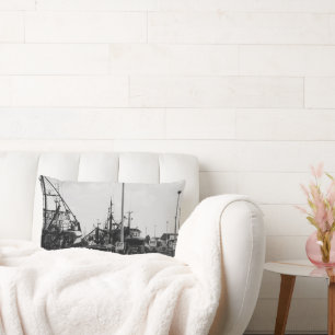 Black And White Monochrome Harbour Boats Lumbar Cushion