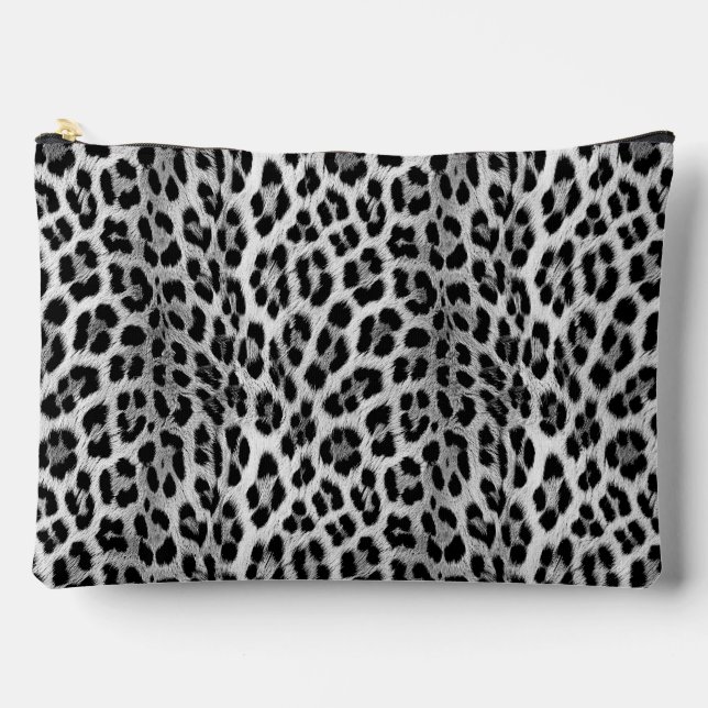 Black and white monochrome, leopard pattern accessory pouch (Front)