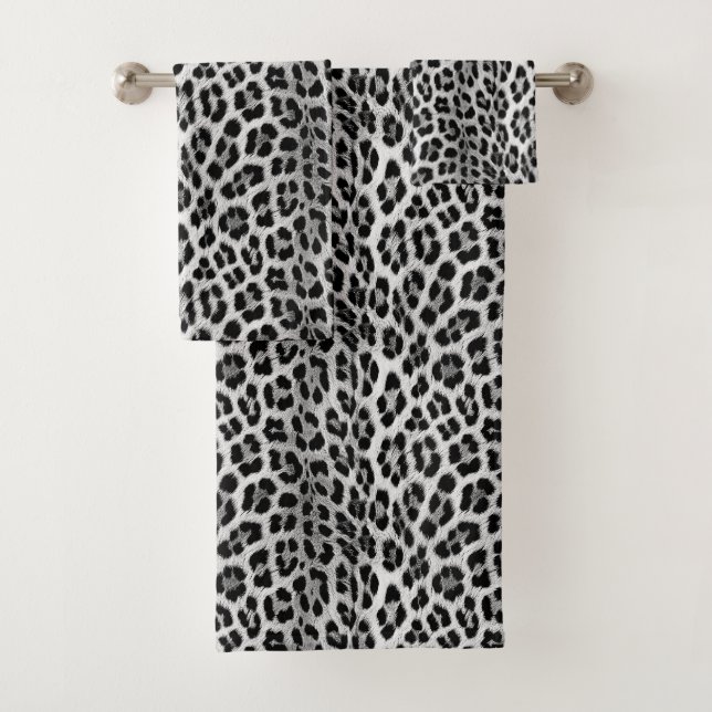 Black and white monochrome, leopard pattern bath towel set (Insitu)