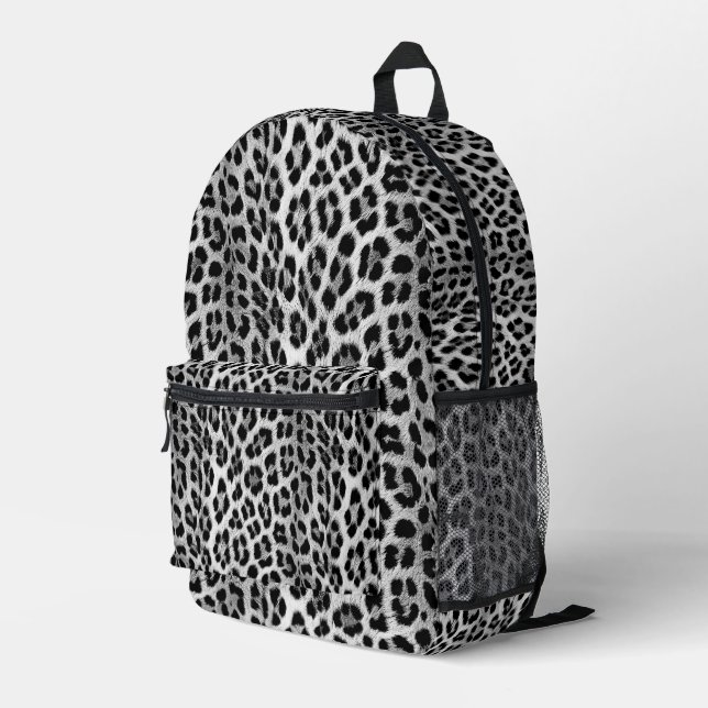 Black and white monochrome, leopard pattern printed backpack (Back Corner Right)