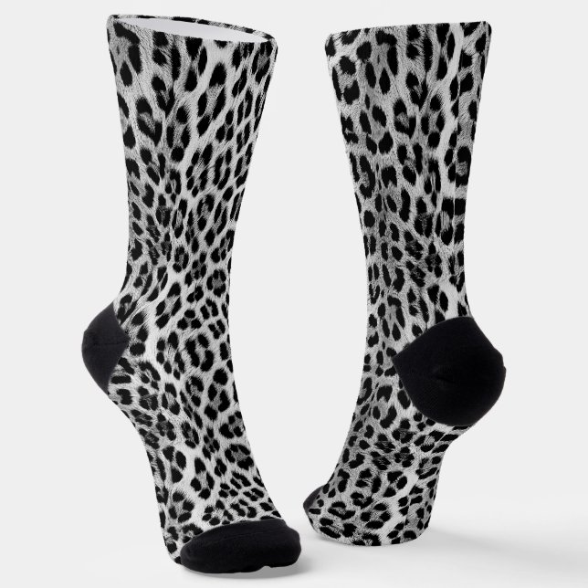 Black and white monochrome, leopard pattern socks (Angled)