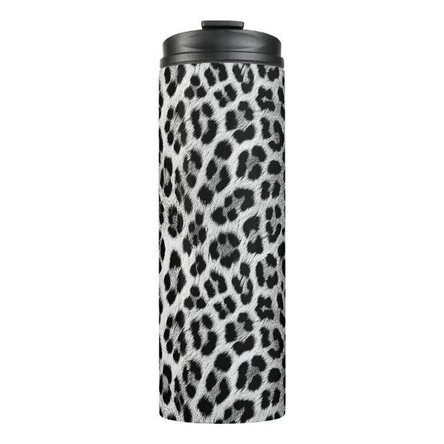 Black and white monochrome, leopard pattern thermal tumbler (Front)