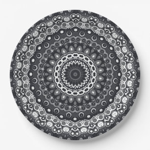 Black and White Monochrome Mandala Pattern Paper Plate