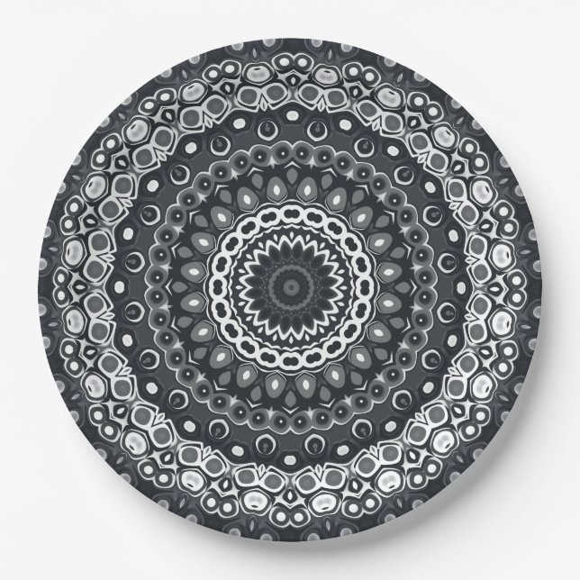 Black and White Monochrome Mandala Pattern Paper Plate (Front)