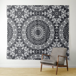 Black and White Monochrome Mandala Pattern Tapestry