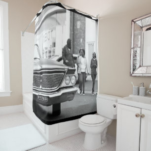 Black And White Monochrome Old Car People City Shower Curtain