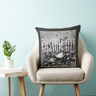 BLACK AND WHITE MONOCHROME SHELL BEACH PHOTO TEXT CUSHION