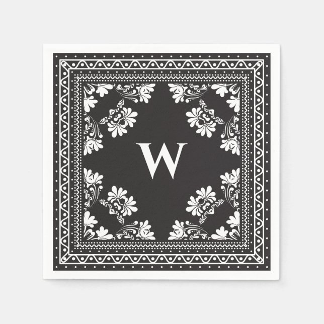 black and white monogram bandanna pattern napkin (Front)