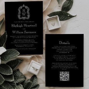 Black and White Monogram Crest QR Code Wedding Invitation